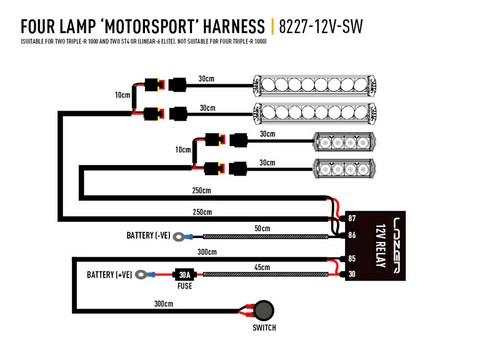 8227-12V-SW, Kit de câblage 4 lampes + interrupteur (ST range T-2 TRIPLE-R Electricité et câblage barre phare éclairage led Lazer lighting belgique 2